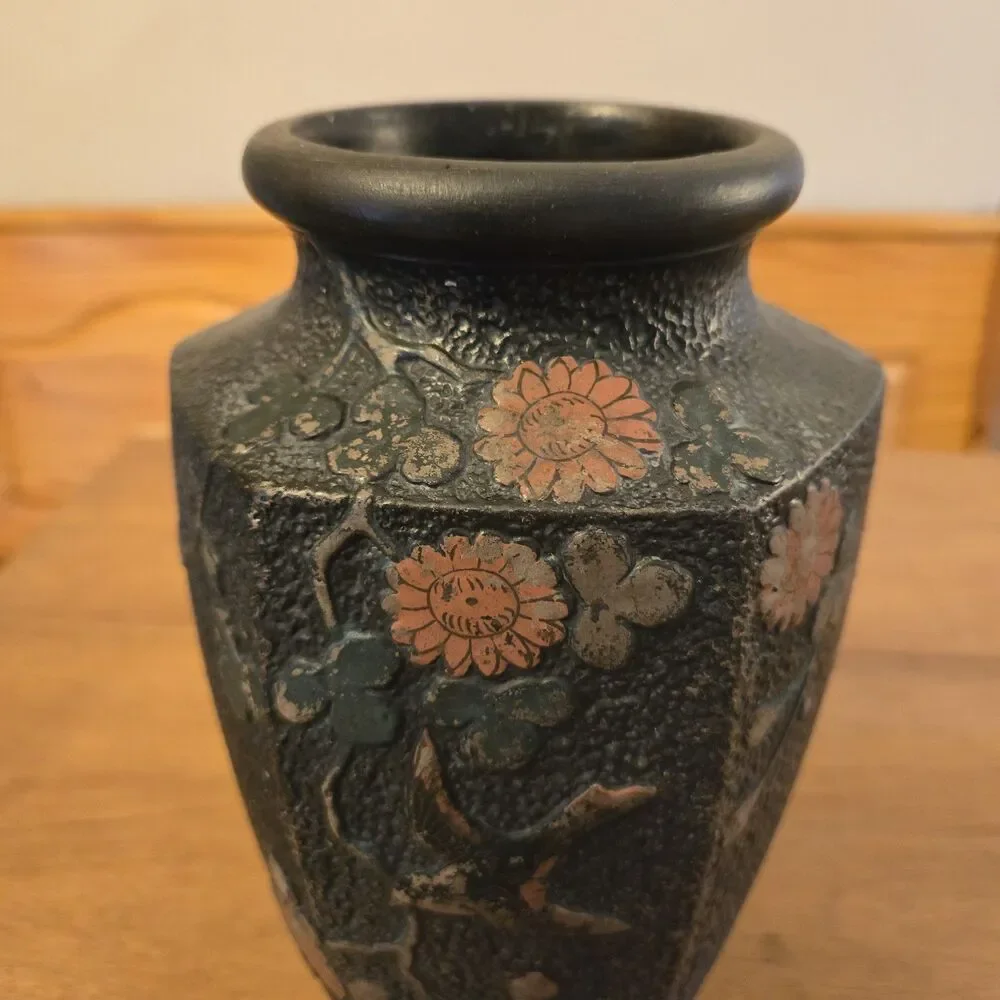 Antique Vtg Japanese Tokanabe Black Vase Hand Painted Floral Bird, 10